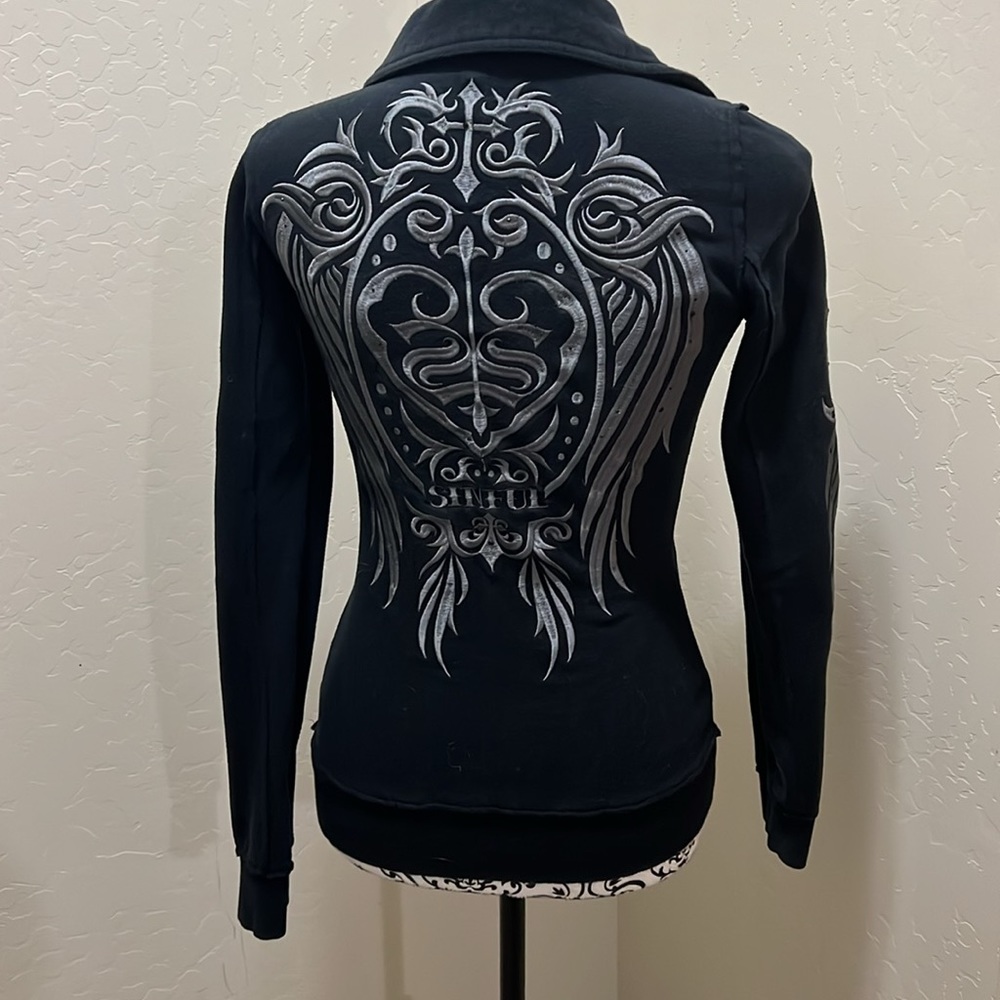 Sinful Moto Jacket Full Zip Embellished Graphic Black‎ Jacket Size Small - Picture 2 of 3